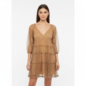 Entro Tiered Mini Dress Womens Small‎ Beige Sheer Velvet Polka Dot Babydoll